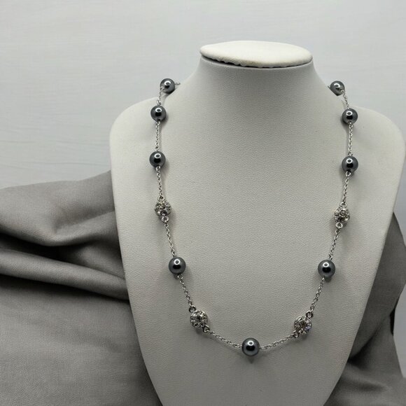 Nolan‎ Miller Simulated Pearl and Pave Beaded Silver Tone Necklace Crystals - Picture 1 of 10